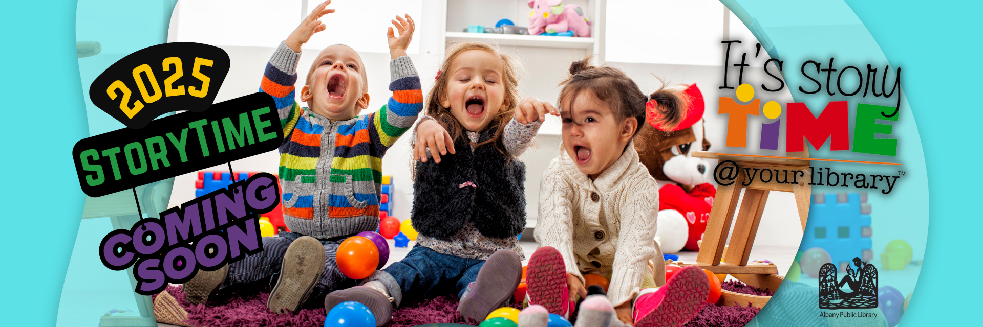 Colourful banner with three young children having fun with hands in the air