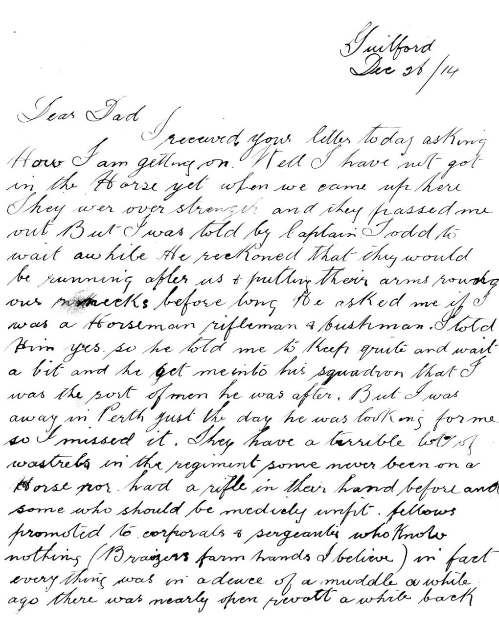 A letter home from Guildford as Willie awaits his posting.