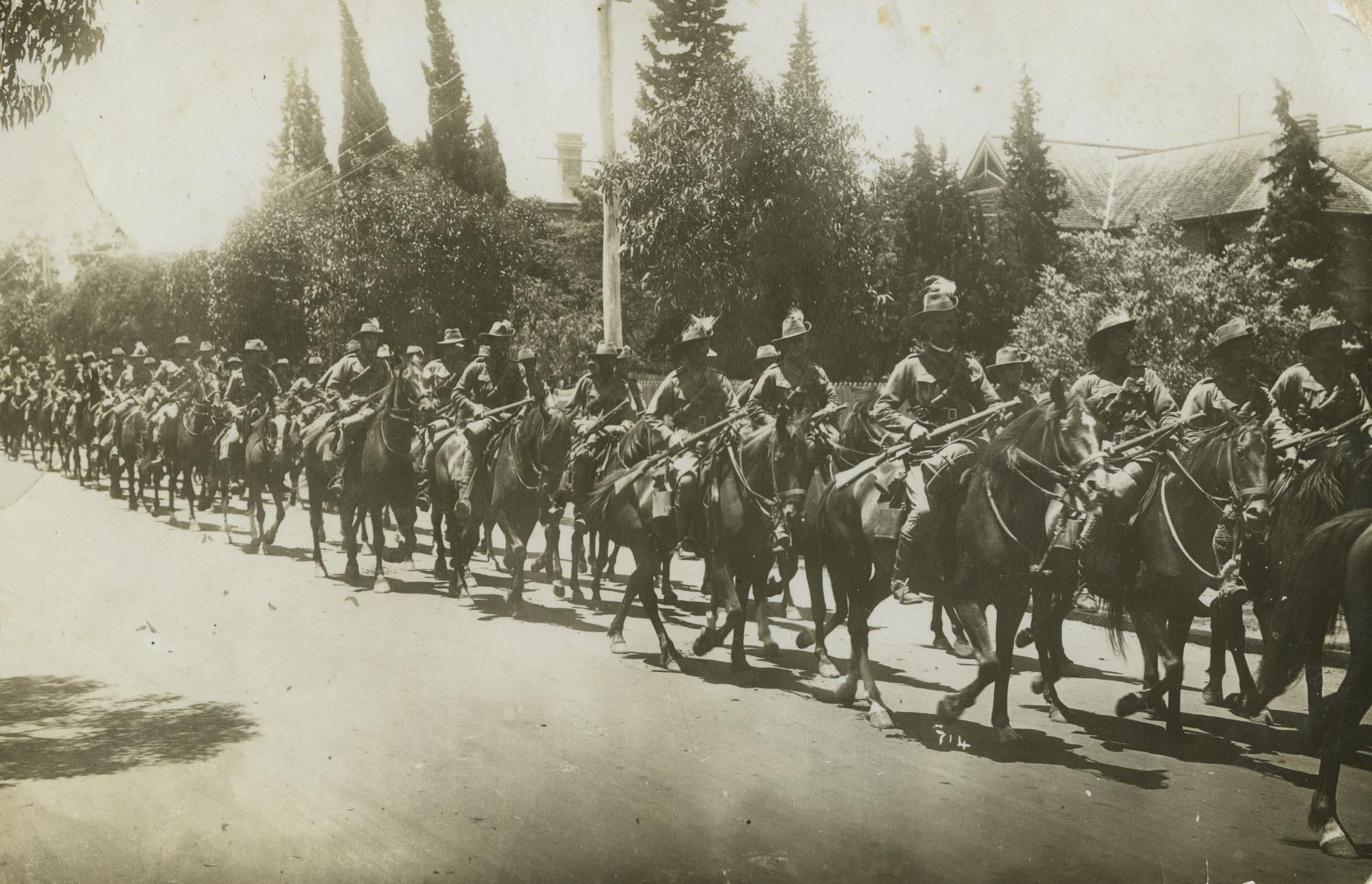 The 10th Light Horse Regiment parade through the streets of Perth in 1914.  Albert is third from the right.