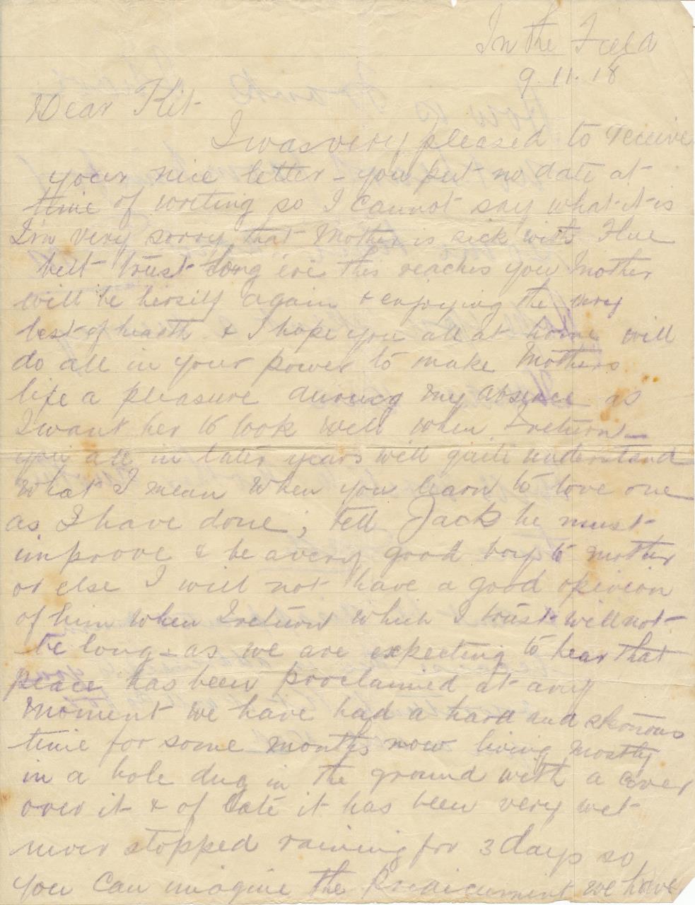Harry writes to his daughter Catherine [Kit] two days before the armistice in 1918.