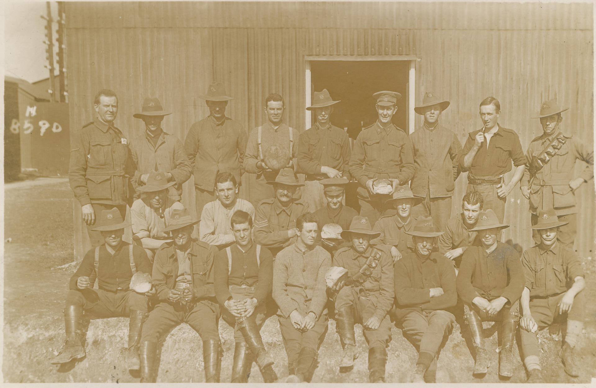  A group of Harry Gomm’s hut mates at Larkhill camp, Salisbury Plain, 1916.