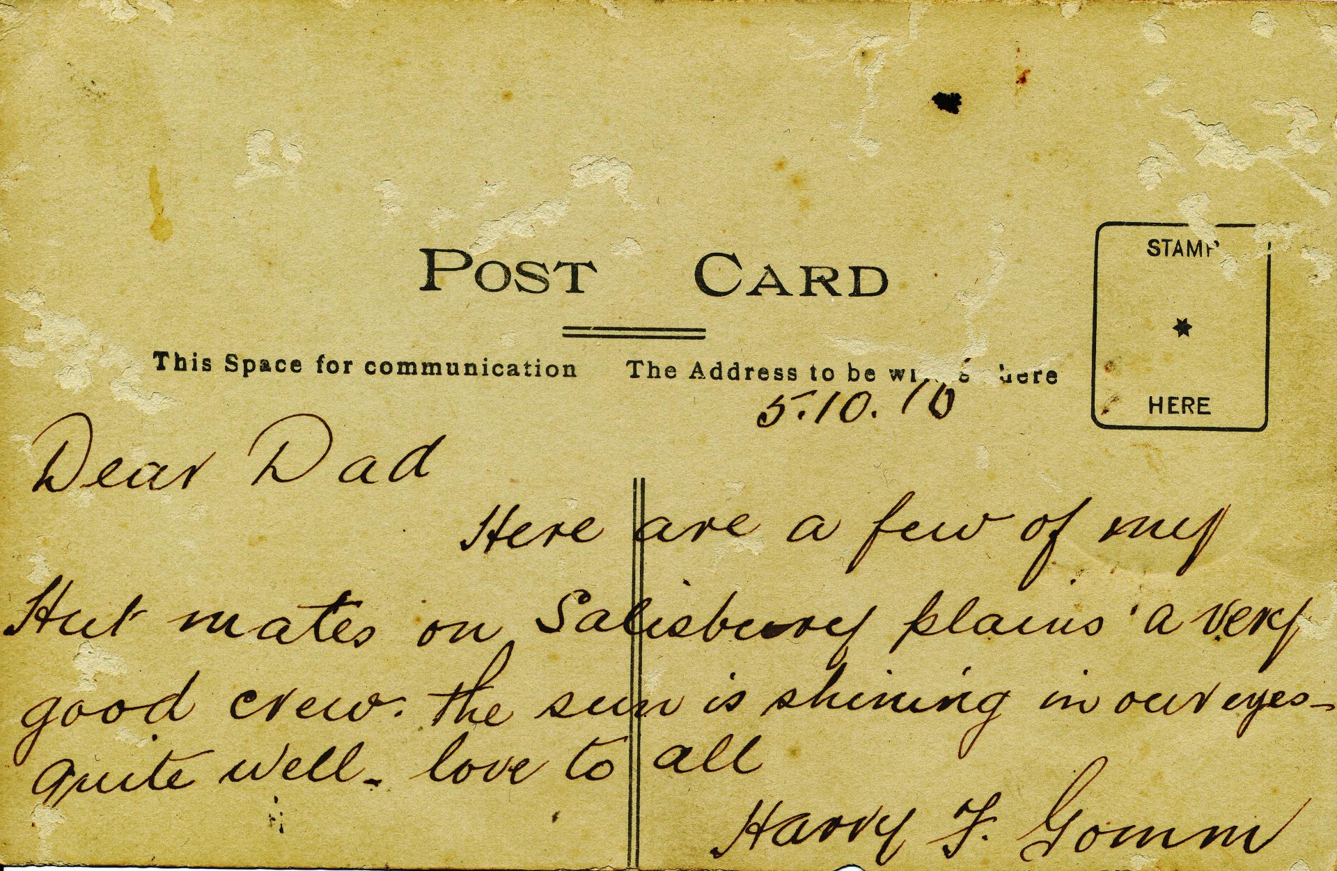 Harry sends a photo of his hut mates to his father Henry in Victoria.