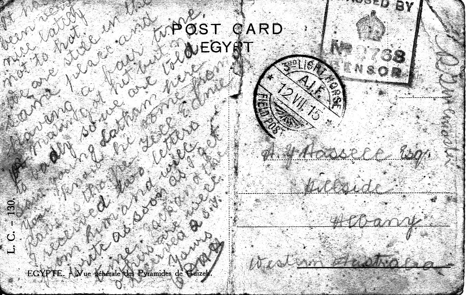 A written letter home from Gallipoli in greyscale for greater clarity