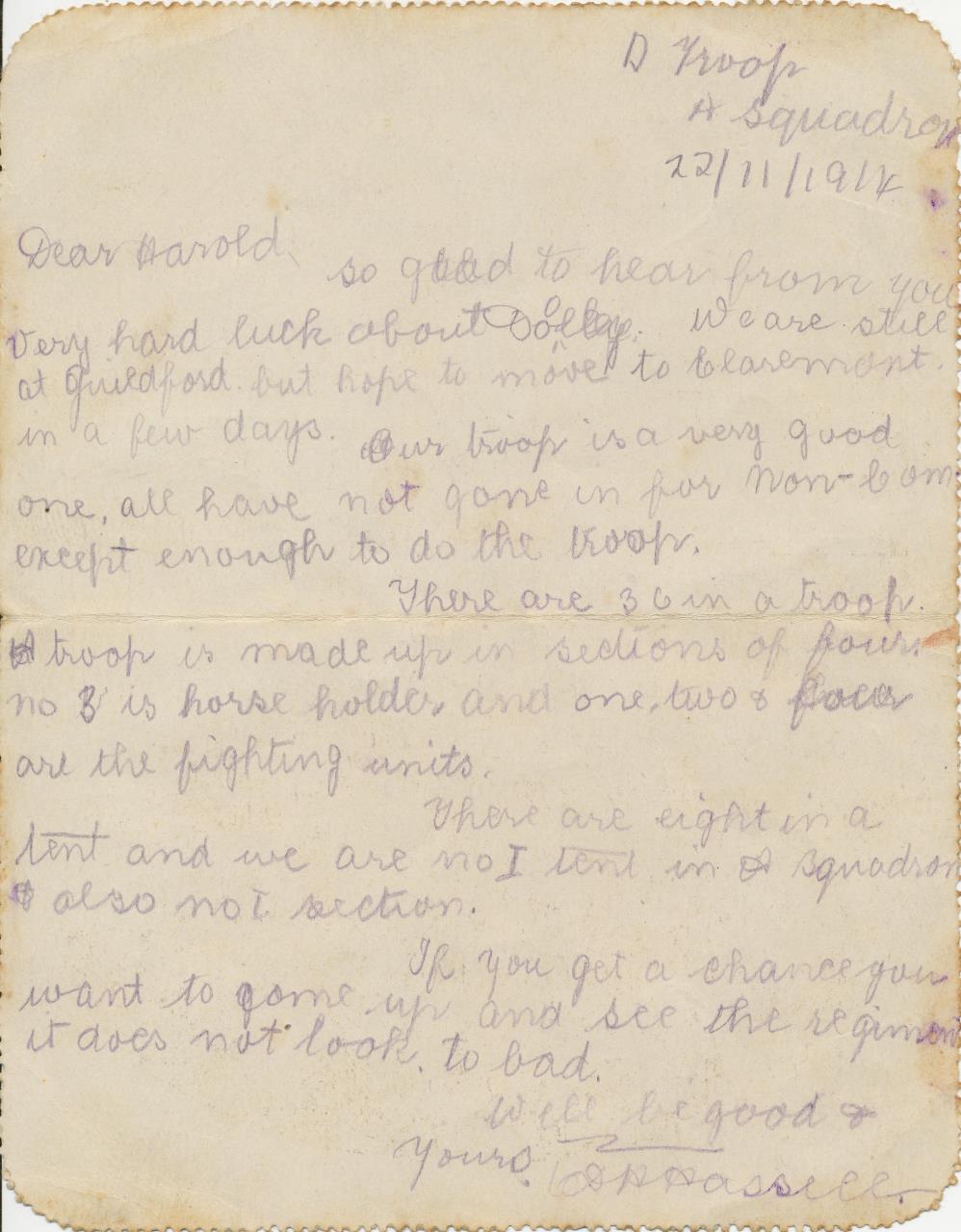 Humfray writes to his brother Harold before leaving Western Australia 