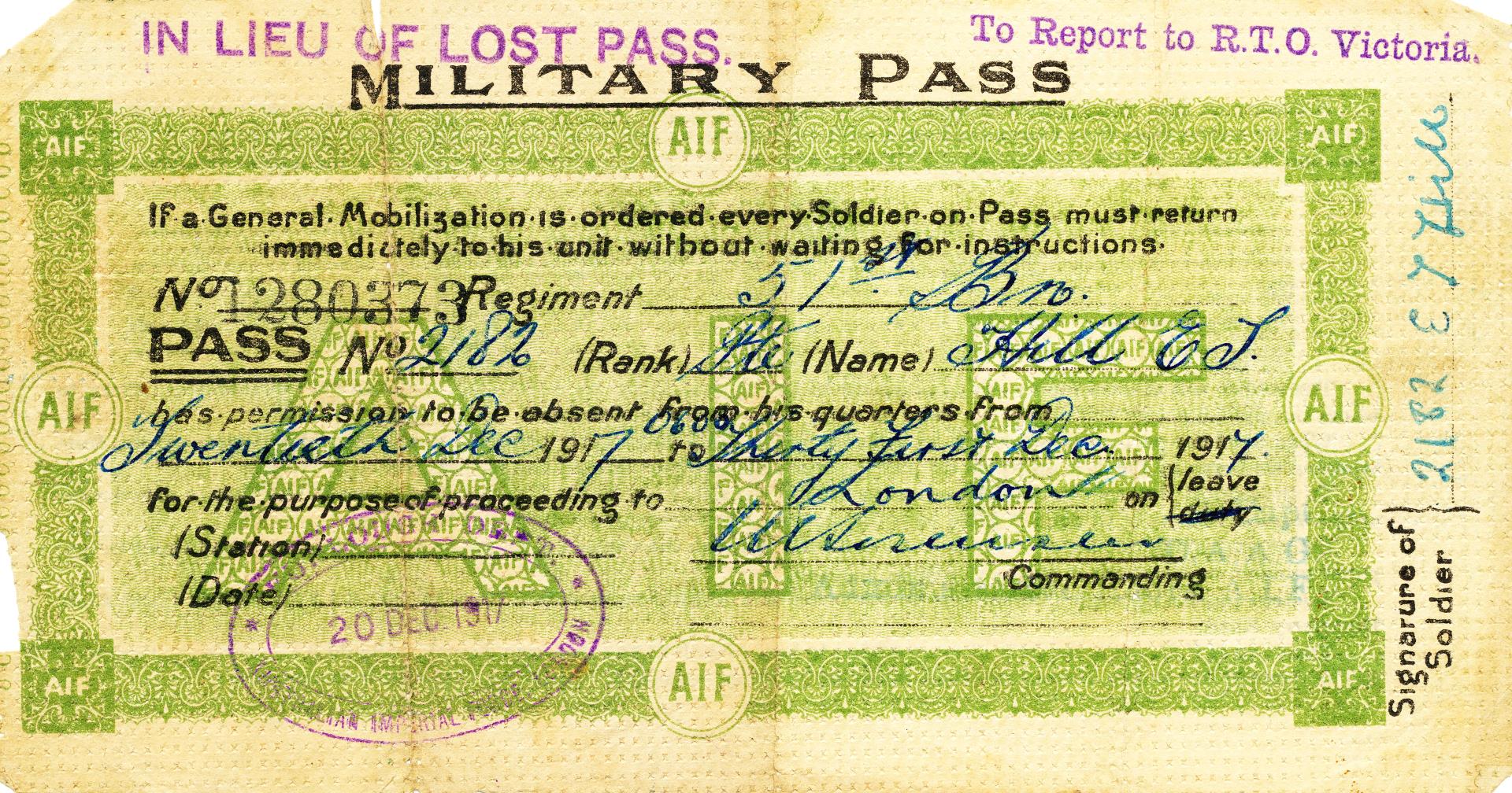 A leave pass issued to Pte E T Hill in 1917 offering some respite from the trenches in France.