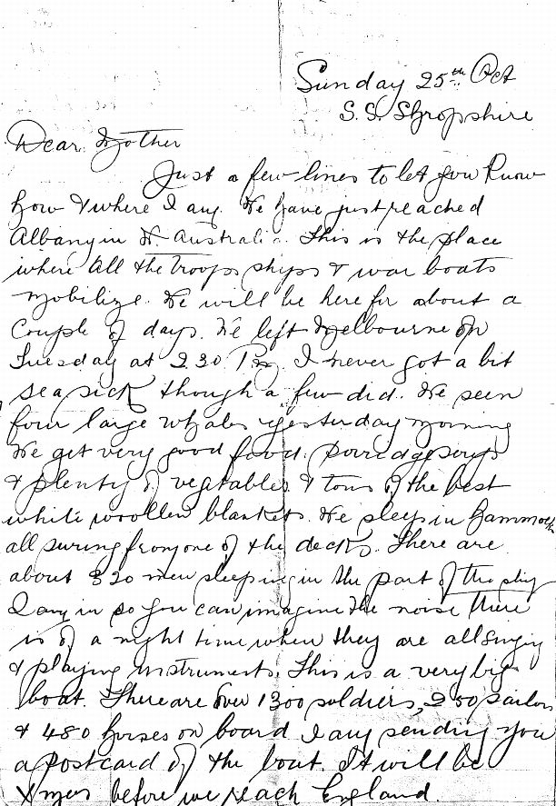 Tom writes to his mother from Albany on 25th October 1914.
