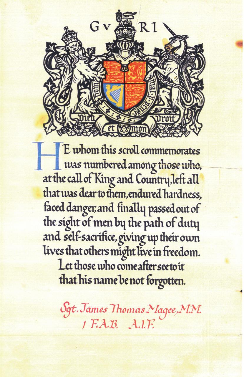 A Memorial Scroll was issued to the next of kin of those who died on active service.