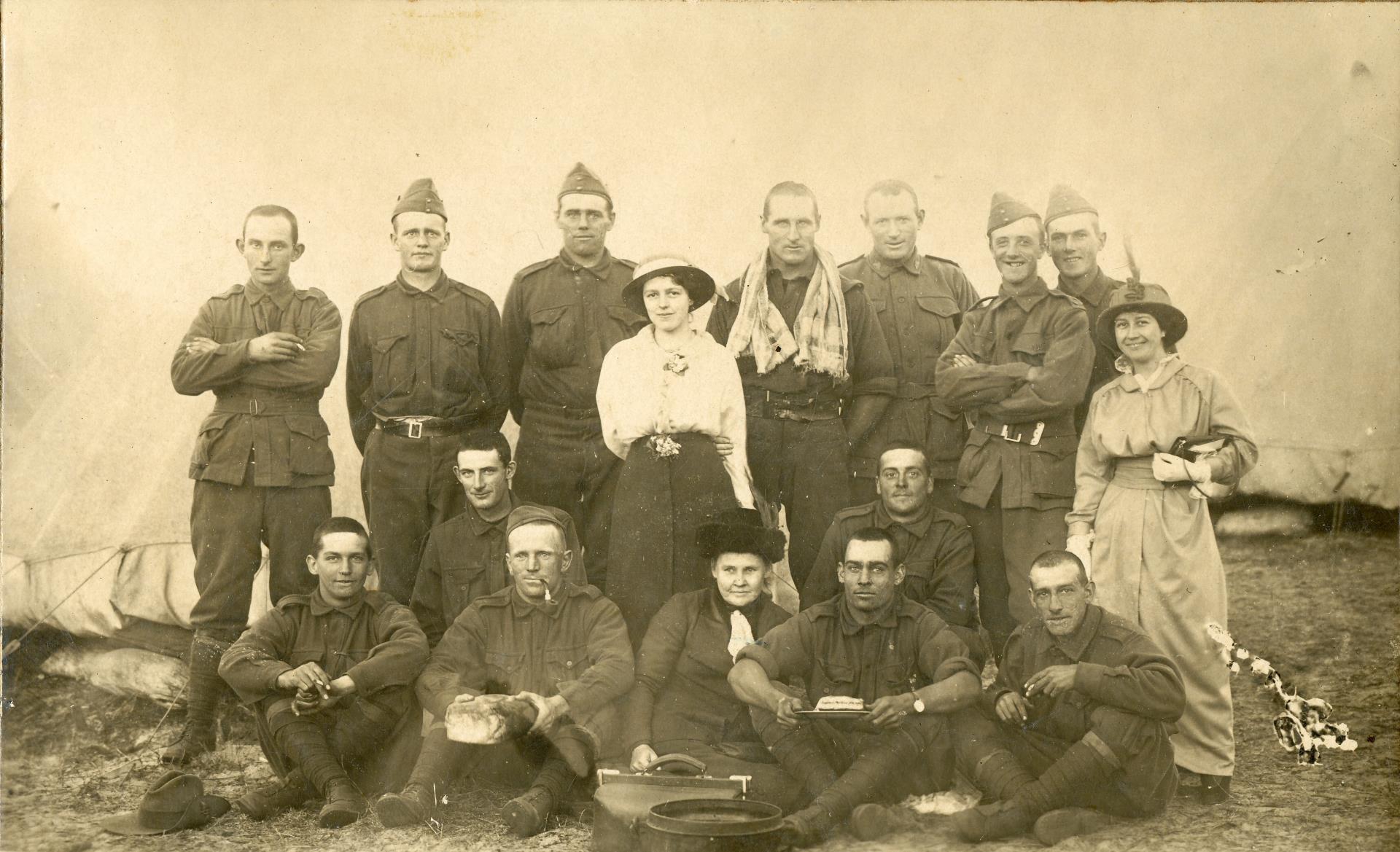 The First Australian Brigade, 3 Bn, Pte Maxwell stands at the back, second from left. October 1914.