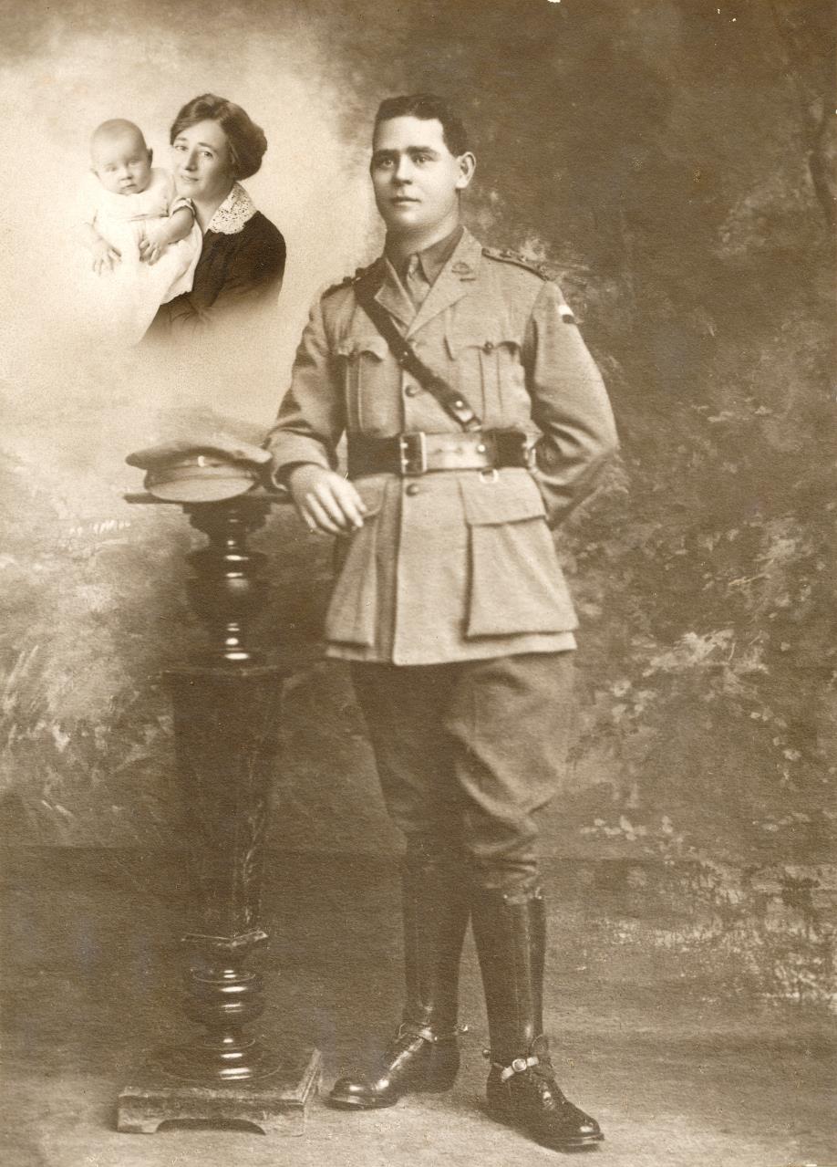 Captain Albert McLeod in 1916, with Beatie and son Frederick superimposed on the portrait, 1917.