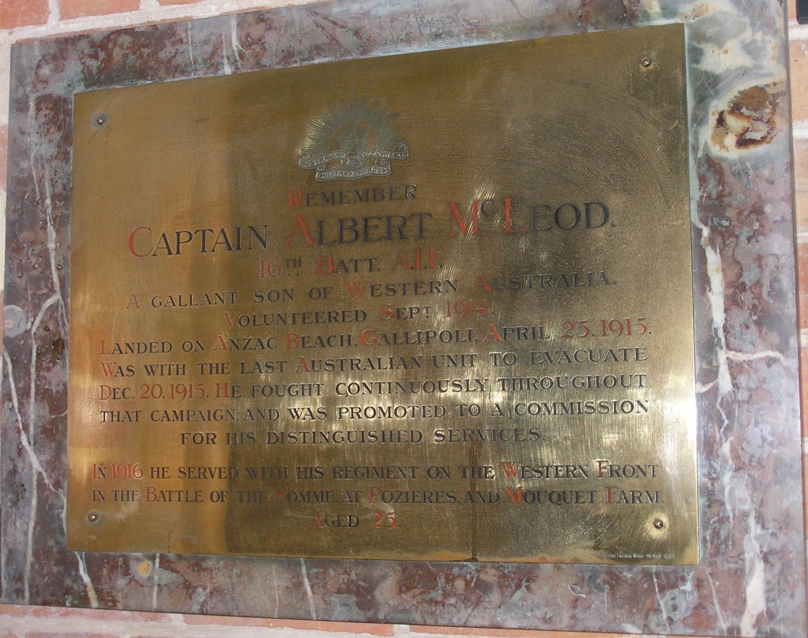 The memorial plaque to Captain Albert McLeod, St George’s Cathedral, Perth.