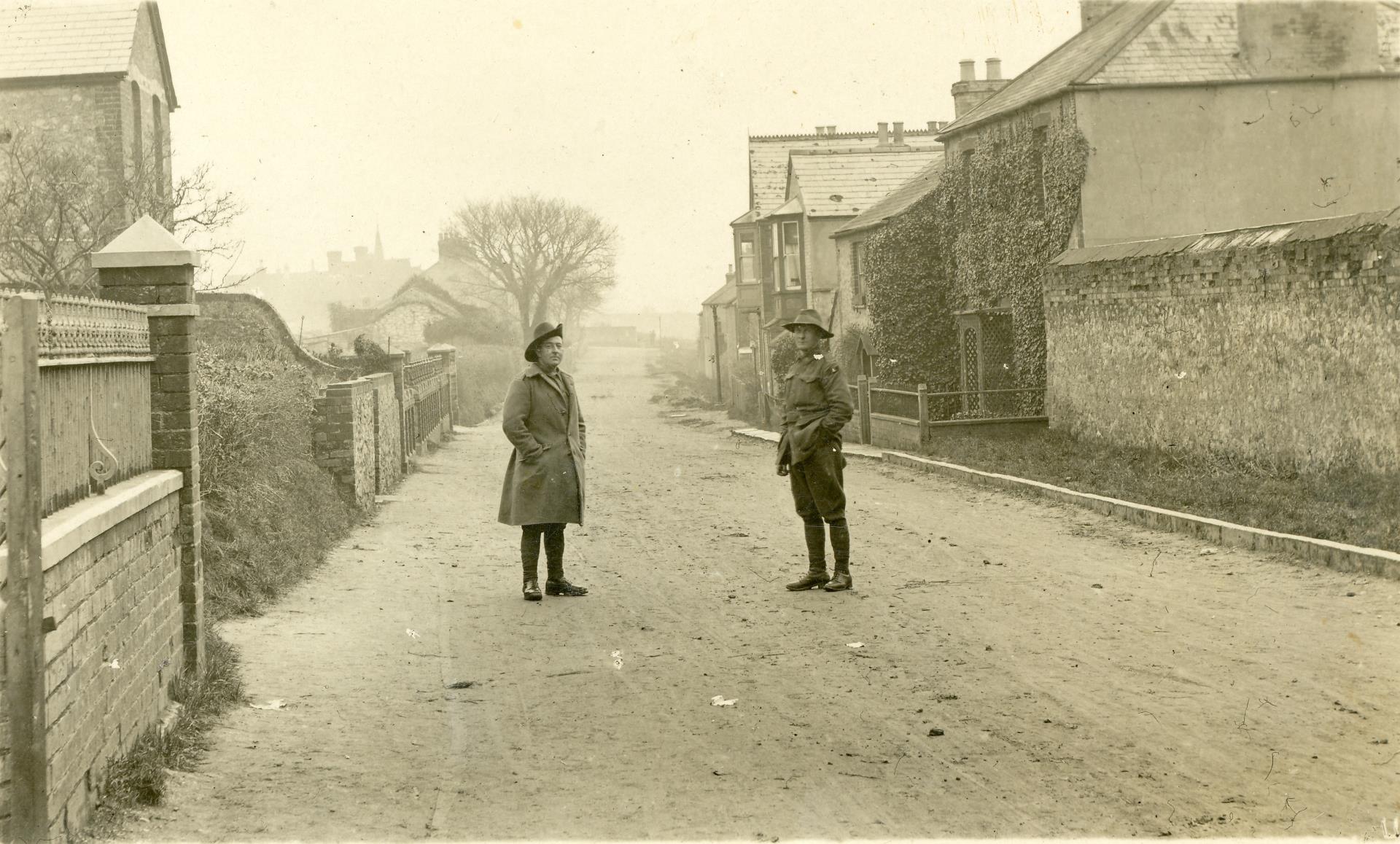 Pte Reg Polkinghorne, right, on East Street, Chickerell, the street in which May lived, 1918.