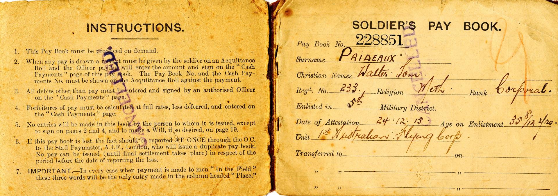 Australian Imperial Force soldier’s pay book, Cpl Prideaux