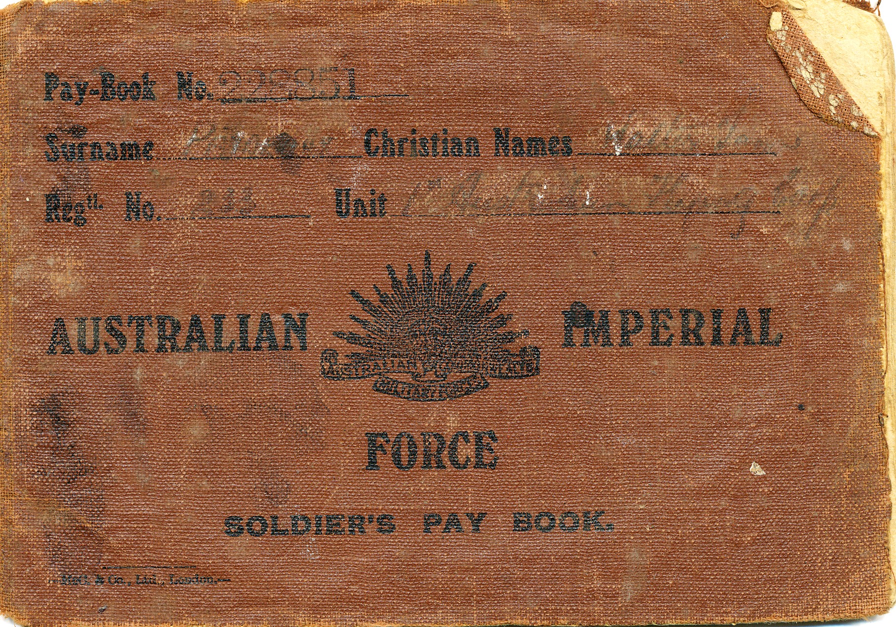 Australian Imperial Force soldier’s pay book, Cpl Prideaux
