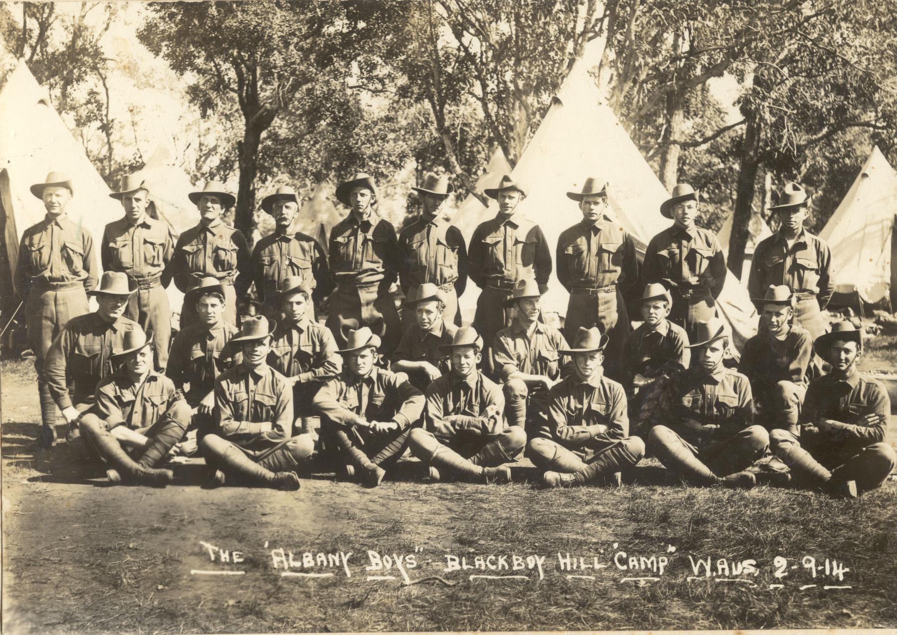Tom with the Albany boys at Blackboy Hill army training camp.  He is in the middle row third from the right looking away.
