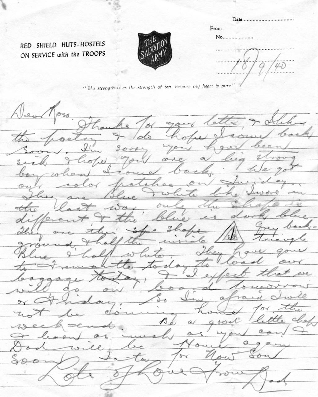 Frank writes to his son Ross before leaving for the war in 1940.