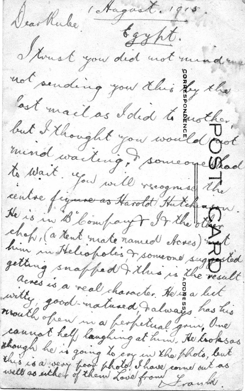 Writing from Egypt, Frank sends a postcard to his sister Ruby, August 1915.