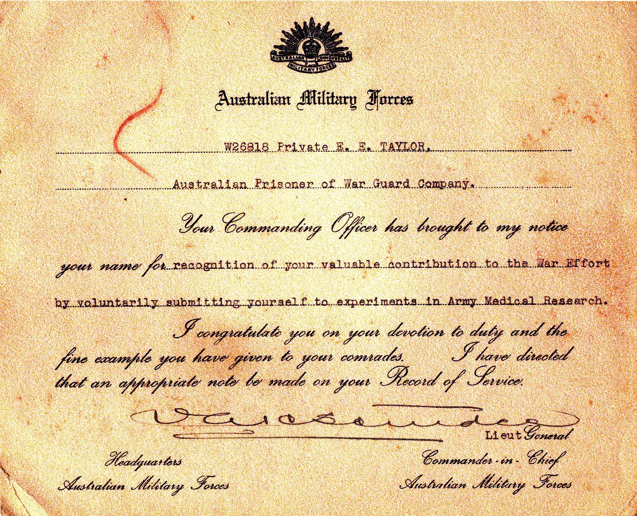 Pte Ernest Edward [Ted] Taylor received recognition for his contribution to army medical research.