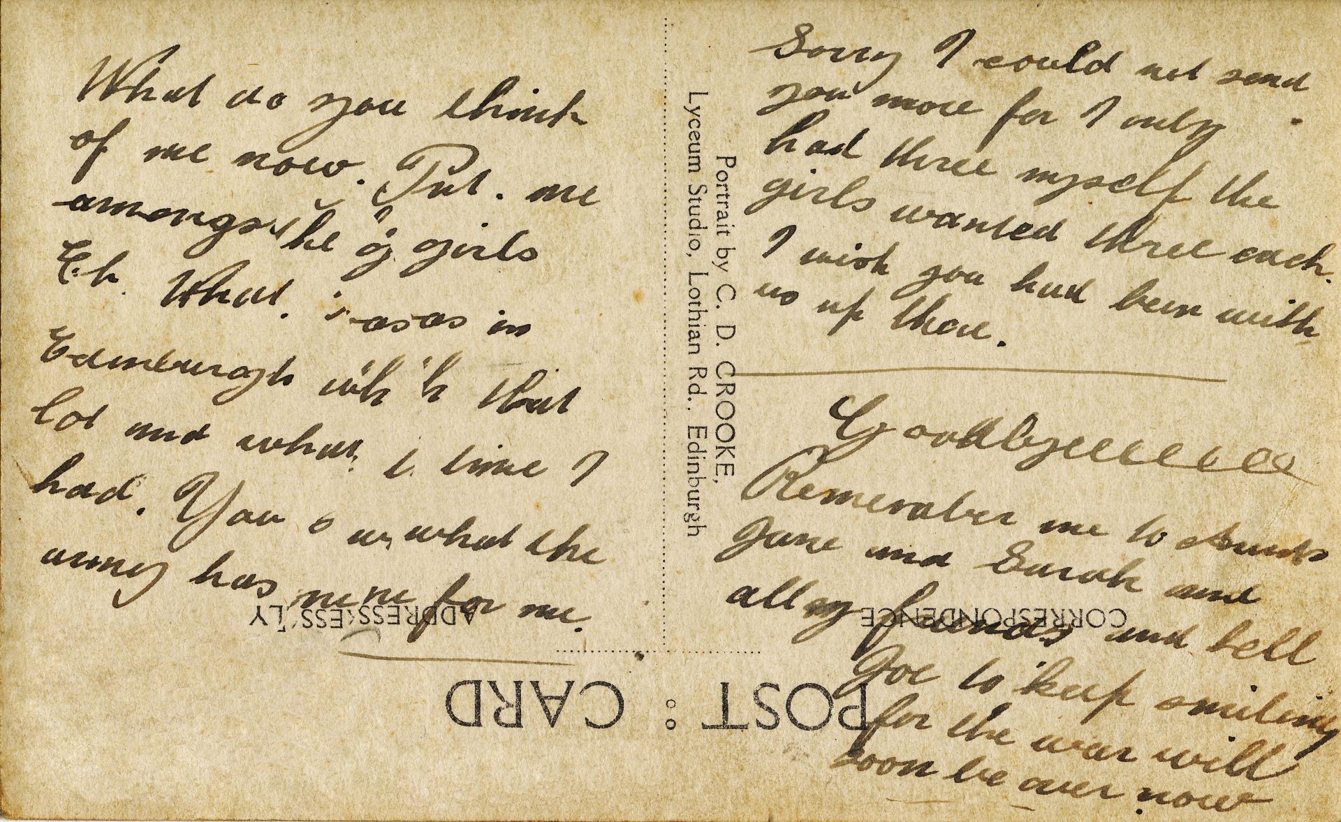 Willie writes from Edinburgh, just before the end of the war.