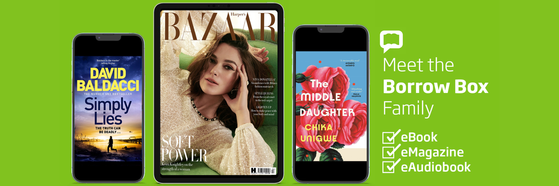 Two smart phones and tablet device featuring Borrowbox titles