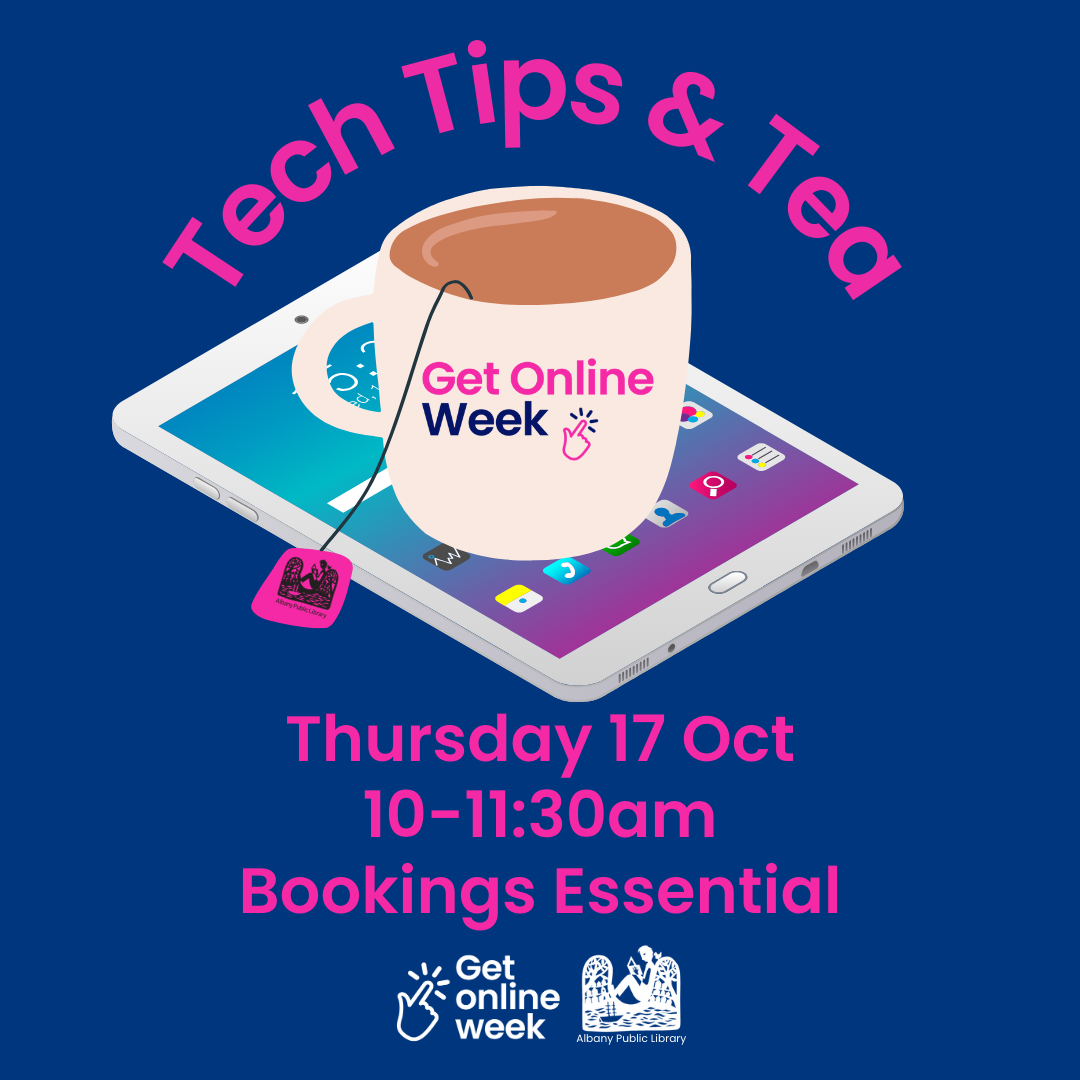 A cup of tea featuring the get online week logo is placed upon an iPad. Event details are superimposed.