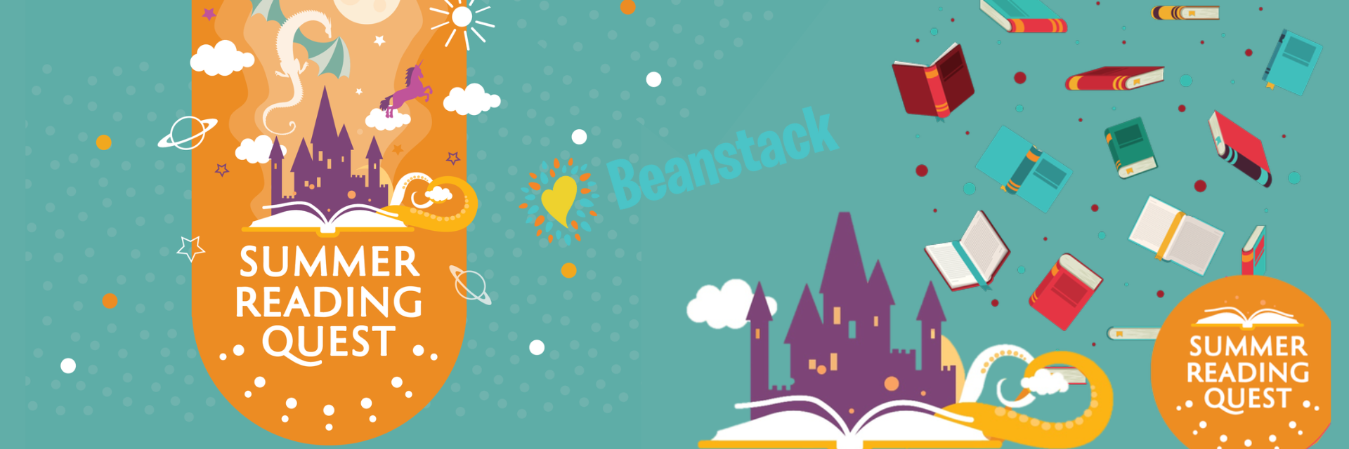 Summer Reading Quest logo with a floating book background and mythical images including dragons, unicorns and a purple castle. 