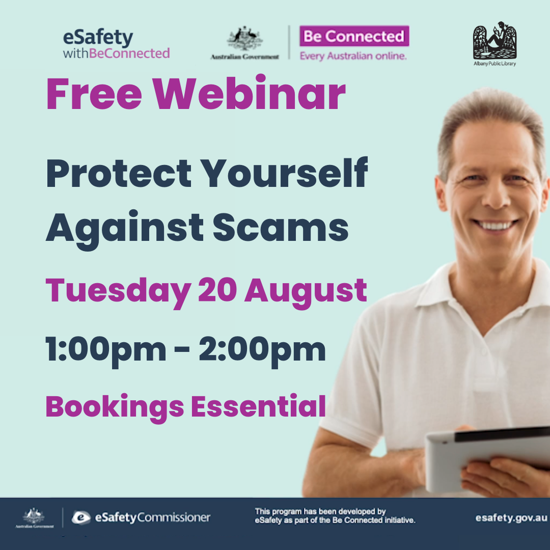 Images shows a Caucasion man with greying hair smiling and holding a tablet. Event details are superimposed to the left and esafety logos feature at the top and bottom of the image.