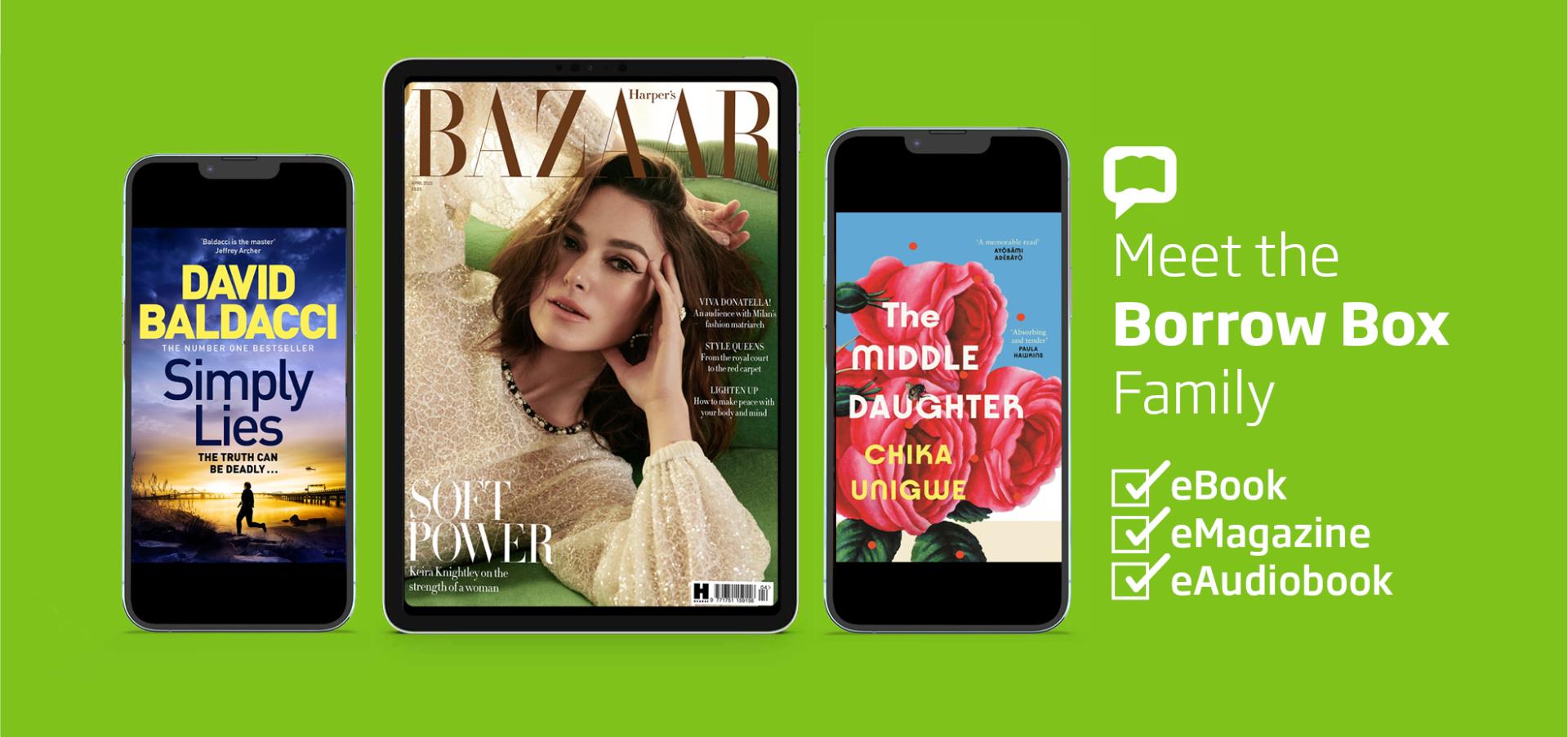 BorrowBox green tile with emagazine covers on devices